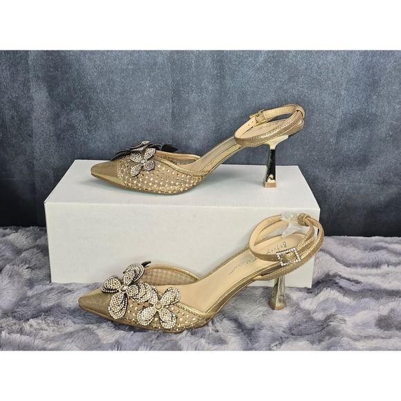 Betsey Johnson Shoes - New Betsey Johnson Elma Pumps Gold Rhinestone Floral Mesh Heels Womens 7.5